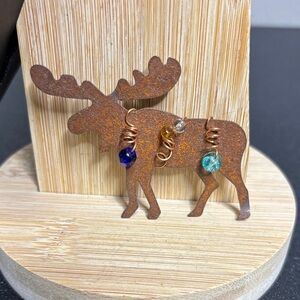 Metal Moose Bronze Metal Brooch with Gem Details